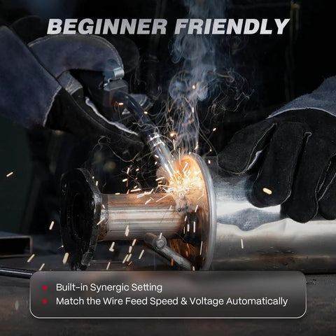 ARCCAPTAIN MIG145 Pro Flux Core MIG Welder 145 Amp 120 Volt 3 In 1 Synergic Control Easy Start For Beginners welding metal with sparks