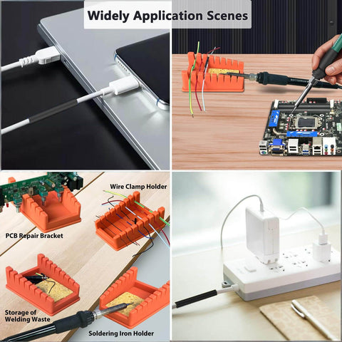 Silicone Soldering Wire Holder With 30 Piece Heat Shrink Tubing Kit, Helping Hands Soldering Stand, 8 Slot Iron Stand For 32 AWG To 12 AWG Wire Welding Fixture, Includes 2 Solder Sponges And Anti Slip Base in use in various scenes.