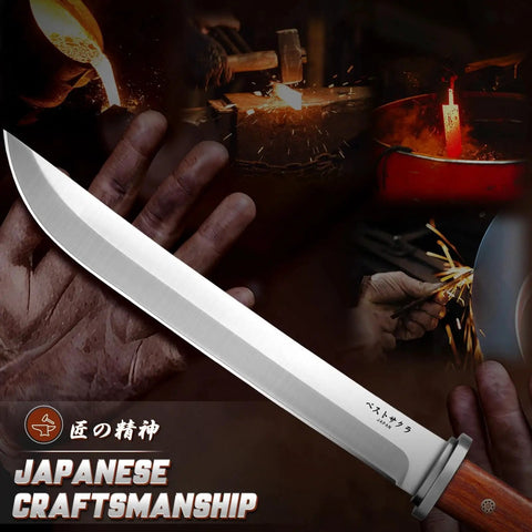 Close-up of Tanto Fixed Blade Knife For Outdoor Survival with rosewood handle and Japanese craftsmanship background