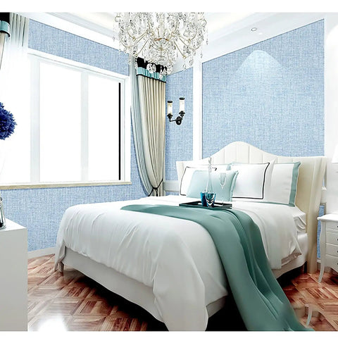 Elegant bedroom with Light Blue Faux Grasscloth Peel And Stick Wallpaper 15.7x120 Inches Self Adhesive Contact Paper with textured look.