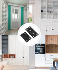 Eight Piece Black Metal Flat Mending Plates Set With 40 Screws And Screwdriver For Wood Shelves in room settings montage