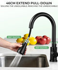 Matte Black Pull Down Kitchen Sink Faucet In Solid Stainless Steel With Single Handle Spray Head For Zero Drip Action And A Super Clean Modern Kitchen Glow Up Built Tough For Day To Day, showcasing 360-degree swivel and pull-down feature.