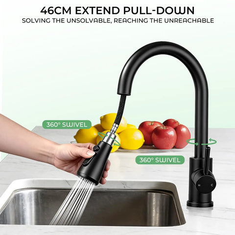 Matte Black Pull Down Kitchen Sink Faucet In Solid Stainless Steel With Single Handle Spray Head For Zero Drip Action And A Super Clean Modern Kitchen Glow Up Built Tough For Day To Day, showcasing 360-degree swivel and pull-down feature.