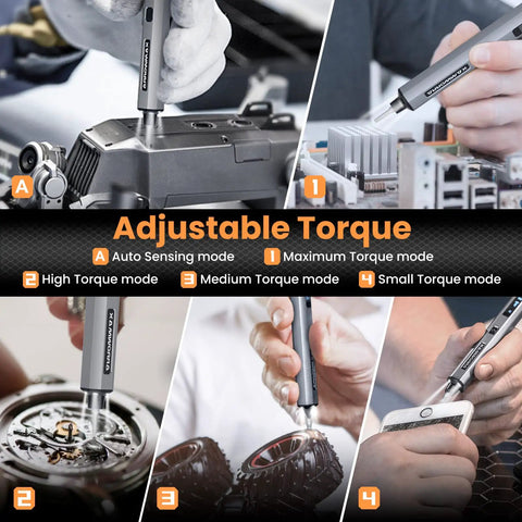 Cordless Precision Screwdriver Set With 34 Magnetic Bits, Smart Motion Control, in use for electronics and machinery.