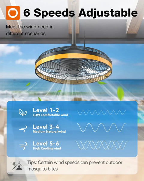 All Weather Outdoor Ceiling Fan With Light For Patios And Pergolas 20 Inch Black Waterproof Gazebo Fan With Remote and App Six Speeds