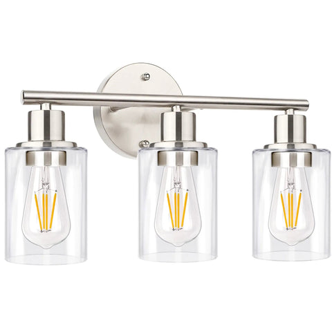 3 Light Brushed Nickel Vanity Light Fixture With Clear Glass Shades For Bathroom Mirror Glow Farmhouse Wall Sconce