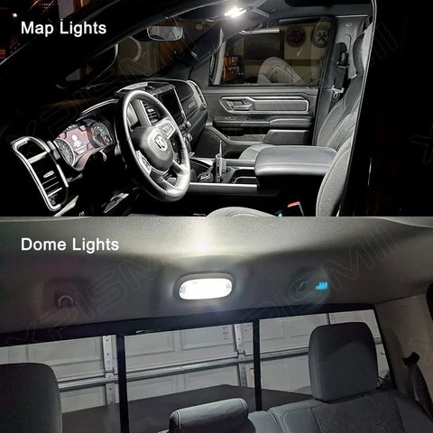 12 Piece 6000K White Dodge Ram Interior LED Lighting Kit Replacement For 2009 Through 2018 Ram 1500 2500 3500 showing map and dome lights