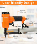 Ultra Lightweight Pneumatic Pin Nailer For Custom Woodworking with ergonomic rubber grip and tiny nose for precision tasks.