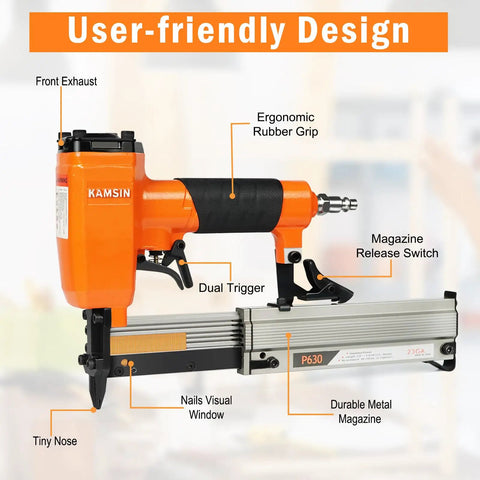 Ultra Lightweight Pneumatic Pin Nailer For Custom Woodworking with ergonomic rubber grip and tiny nose for precision tasks.