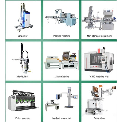 Grid layout featuring 3D printer, packing machine, non-standard equipment, and CNC machine tool for automation