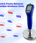 Portable Ultrasonic Hardness Tester With Dual Probes For Measuring HL HV HB HS HRA HRB HRC, handheld blue gauge on metal base