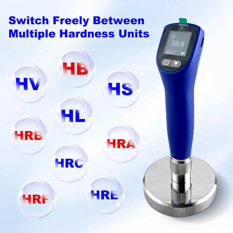 Portable Ultrasonic Hardness Tester With Dual Probes For Measuring HL HV HB HS HRA HRB HRC, handheld blue gauge on metal base