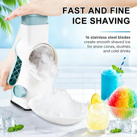 Manual Ice Shaver With 16 Stainless Steel Blades, Fast Shaving Rotary Snow Cone Machine creating fluffy shaved ice