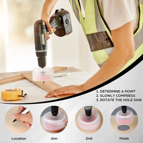 Cordless drill with orange 4/6 in hole saw and dust-collection bowl for recessed can lights