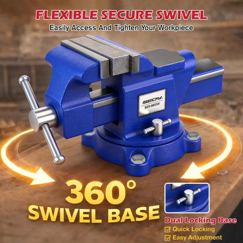 Heavy Duty 6 Inch Bench Vise With Jaw Pads And Anvil For Woodworking Drilling And Pipe Cutting 360 Degree Swivel Locking Base 4500 Lbs Clamping Force Beast Mode Strength