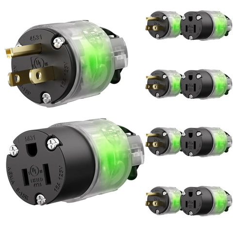 Lighted 3 Prong Extension Cord Ends Kit 15A 125V NEMA 5-15P And 5-15R For Generator RV And Welding Equipment Replacement Ends, Male And Female Repair Kit UL Listed Black. black UL-listed 15A 125V male and female plug ends with neon indicator