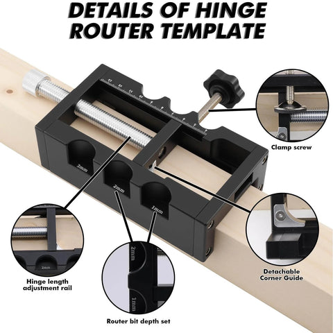 Versatile Aluminum Door Hinge Mortise Jig for Quick and Precise Hinge Installation showing clamp screw and router bit depth set