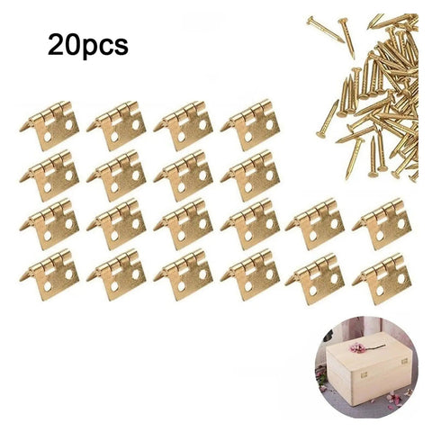 Rotating Concealed Cabinet Hinges, 20 Pack Tiny Metal Door Hardware visible with nails and example usage on a box