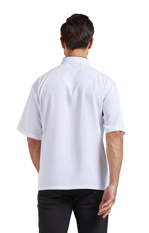 Back view of Unisex Chef Coat With Short Or Long Sleeve Crafted From Breathable Cotton Poly Blend for kitchen work.