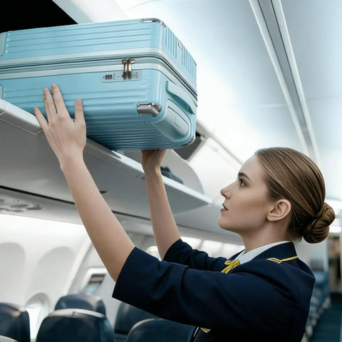 Flight attendant placing 20 Inch Carry On Luggage With Spinner Wheels USB Port Expandable Hard Shell Suitcase in overhead bin.