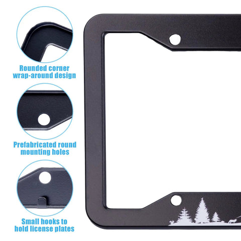 Close-up of Two Pack Universal Car License Plate Frames With Screws For US Plates Twelve Point Three By Six Point Three Inches Aluminum Weatherproof Durable Plate Holder Decor For Women And Men showing rounded corners and mounting holes.