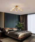 Modern Sputnik 5 Light Gold Ceiling Chandelier Semi Flush Mount With Glass Globe For Bedroom Kitchen Dining Room And Office Mid Century Modern Vintage Style Lighting Fixture Bulbs Not Included in a bedroom setting