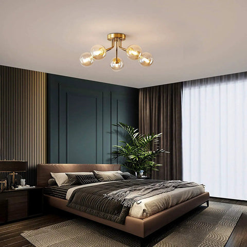 Modern Sputnik 5 Light Gold Ceiling Chandelier Semi Flush Mount With Glass Globe For Bedroom Kitchen Dining Room And Office Mid Century Modern Vintage Style Lighting Fixture Bulbs Not Included in a bedroom setting