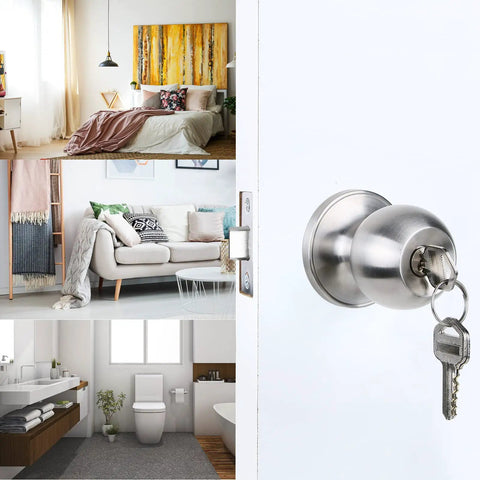 Stainless Steel Door Knob With Lock And Key For Bedroom Doors Ball Style Doorknob With Satin Nickel Finish All Metal Construction Includes Three Keys Easy Install Keeps Your Home Safe High Security 3 Year Warranty, installed in a modern home.