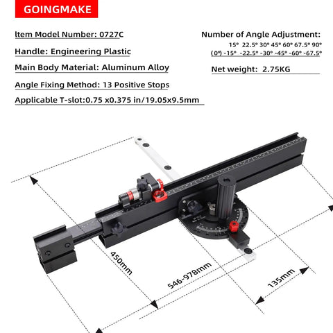 Heavy Duty Table Saw Miter Gauge Featuring A Rock Solid 21 To 38 Inch Extending Aluminum Fence and Micro Adjust Flip Stop With 13 Angle Stops For Bullseye Crosscuts and Smooth Sliding Performance