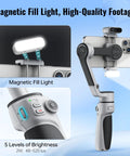 CQ5 Combo 3-Axis Phone Gimbal With AI Face Tracking Fill Light for iPhone and Android showing magnetic fill light and controls