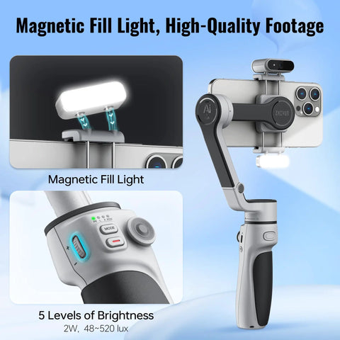 CQ5 Combo 3-Axis Phone Gimbal With AI Face Tracking Fill Light for iPhone and Android showing magnetic fill light and controls