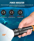 Hand holding Underwater Video Light 2300 Lumens For Dive Photography Tri Color White Red Violet UV 120 Degree beam indicator