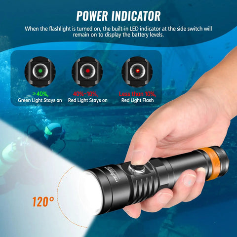 Hand holding Underwater Video Light 2300 Lumens For Dive Photography Tri Color White Red Violet UV 120 Degree beam indicator