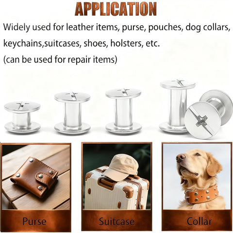Tough Stainless Chicago Screws 110 Piece Kit, showing silver fasteners for purses, suitcases, and dog collars.