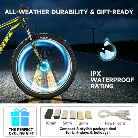Rechargeable Bike Wheel Lights With 21 Dynamic Modes And Full Color Options Clip On Hub LEDs for night riding on a wet road