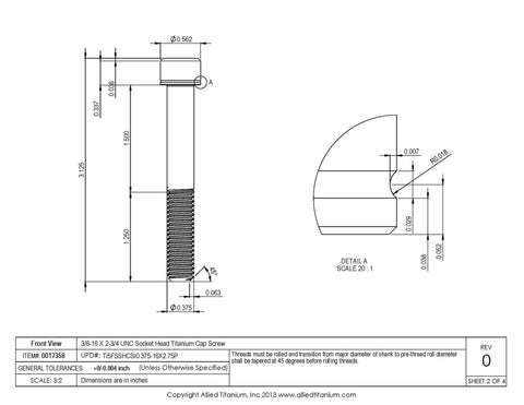 Front view technical drawing of Pack Of 3 Grade 5 Titanium Socket Head Cap Screws 3/8-16 X 2-3/4 UNC with dimensions.