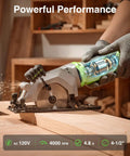 TaskStar 4-1/2 Inch Mini Circular Saw Laser Guide 4.8A Motor 4000 RPM Compact Corded Cutter in use cutting wood.