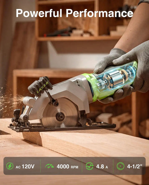 TaskStar 4-1/2 Inch Mini Circular Saw Laser Guide 4.8A Motor 4000 RPM Compact Corded Cutter in use cutting wood.