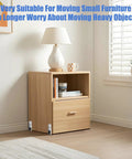 Wooden cabinet with lamp, books, and mug on top, showing Low Profile 0.9 Inch Caster Wheels Set Of 4 with long brackets attached