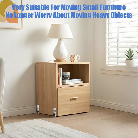 Wooden cabinet with lamp, books, and mug on top, showing Low Profile 0.9 Inch Caster Wheels Set Of 4 with long brackets attached