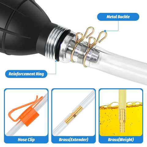 Front view of gasoline siphon pump with two premium PVC hoses, brass fittings, and hose clip.