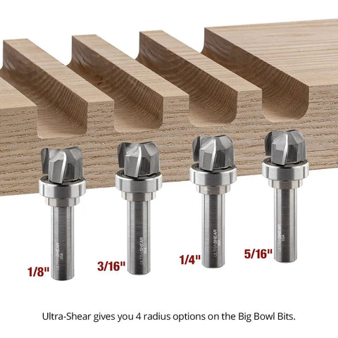 Pro Grade 3 Piece Bowl And Tray Router Bit Set With Half Inch Shank Solid Carbide Heads three fluted design on wood