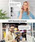 Woman using phone near Smart Wifi Deadbolt with keyless access, showcasing Secure Your Spot Fast With This Smooth Operator Smart Wifi Deadbolt Offering Keyless Fingerprint Access App Remote Control And Alexa Compatible Auto Lock Front Door Handleset For No Sweat Everyday Entry.