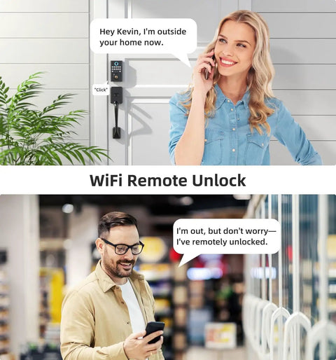 Woman using phone near Smart Wifi Deadbolt with keyless access, showcasing Secure Your Spot Fast With This Smooth Operator Smart Wifi Deadbolt Offering Keyless Fingerprint Access App Remote Control And Alexa Compatible Auto Lock Front Door Handleset For No Sweat Everyday Entry.