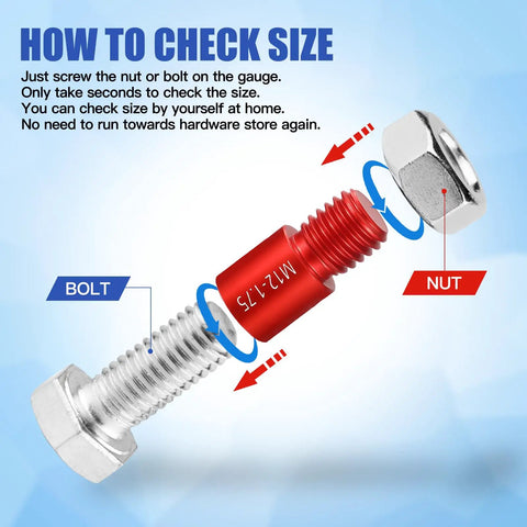 Instructional image showing how to use a Nut And Bolt Thread Gauges Set, 44 Piece, Individually Housed In Durable Case With Handy Pockets.