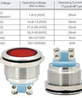 Beefy 12V Indicator Light IP67 Waterproof 22mm Mounting Hole Stainless Steel 304 Heavy Duty Signal Lamp LED Red And Green DC To AC 12 To 24V Pack Of 2 Screw Terminal Easy Install 20mA Current Draw Ideal For Control Panels side view showing red LED and voltage chart
