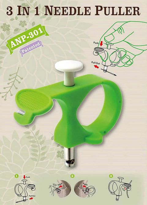 Illustration of a green needle puller, part of the Three In One Hand Sewing Tool With Needle Puller And Thread Cutter Plus Sewing Thimble.