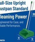 Real Deal Upright Commercial Dustpan With A 30 Inch Aluminum Handle And Serrated Broom Comb Edge For Standing Facility Cleanup And Quick No Bend Kitchen Sweep Up In Green, showing dimensions.