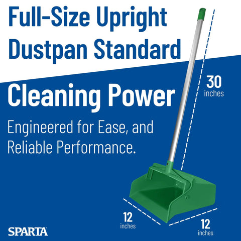 Real Deal Upright Commercial Dustpan With A 30 Inch Aluminum Handle And Serrated Broom Comb Edge For Standing Facility Cleanup And Quick No Bend Kitchen Sweep Up In Green, showing dimensions.