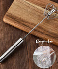 Stainless Steel Hand Push Rotary Whisk Blender Semi Automatic Kitchen Tool For Beating Eggs, Whipping Milk, Frothing Cream and Stirring, 12 Inch Durable Mixer Whisk Rod shown on a wooden surface, with 'Easy to clean' text.